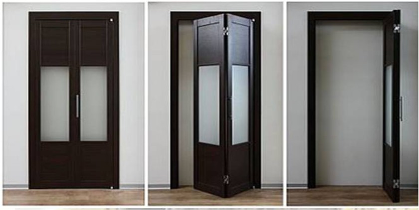 Шпонированные двери гармошка с матовыми стеклянными вставками Липецк