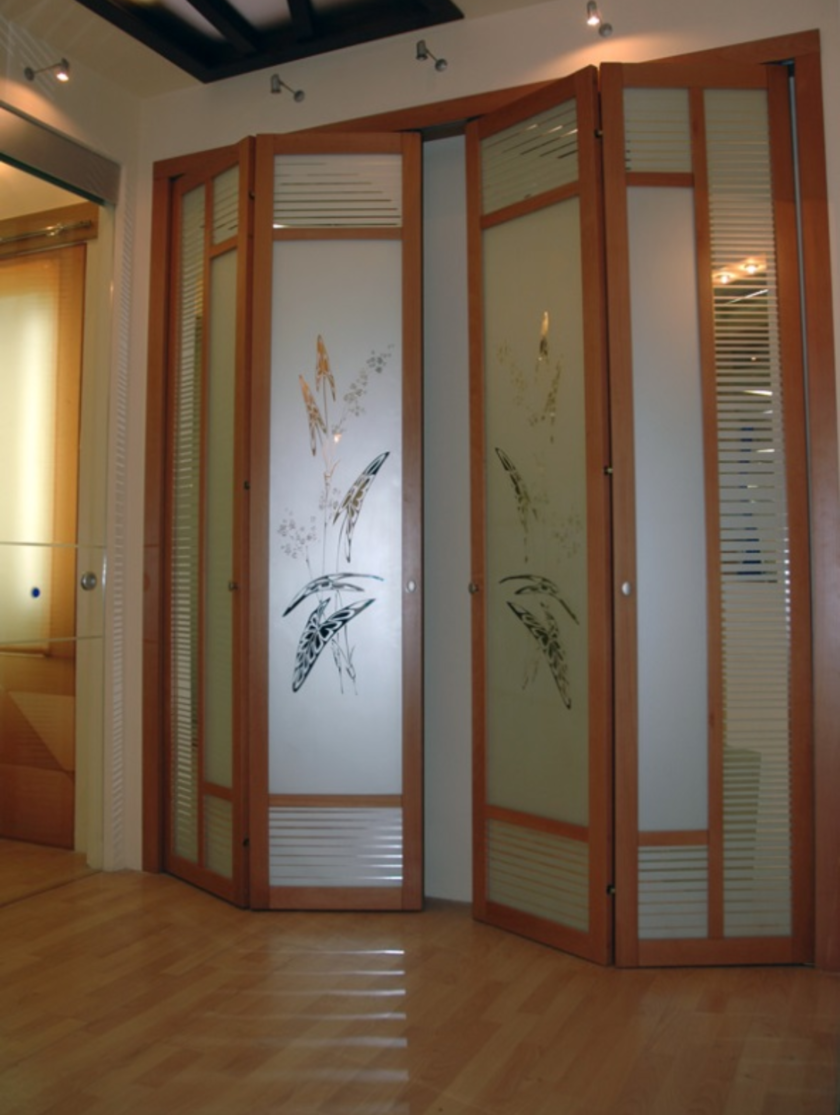 Широкие двери гармошка с матовым стеклом и рисунком Липецк